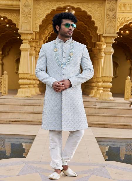 Gray White Colour Wedding Wear Mens Sherwani Catalog 2629