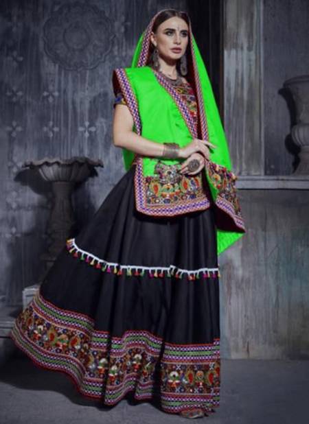 Black and Green Silk Banarsi Lehenga Choli With Zari work