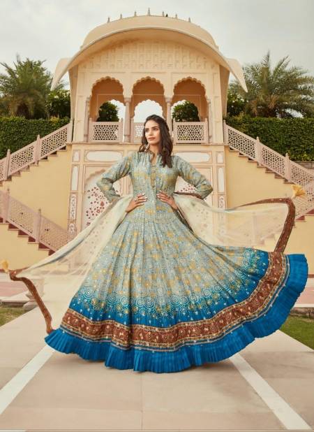Green And Blue Colour Gajgamini By Virasat Pure Dolla Jacquard Gown With Dupatta Catalog 12006