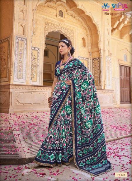 Green And Blue Colour Shringar Silk By Vipul Patola Silk Embroidery Lace Work Designer Saree Catalog 74403