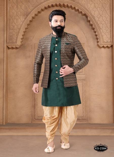 Green And Gold Colour 1632 Wedding Mens Wear Silk Indo Western Suppliers In India 1632-KS 2394