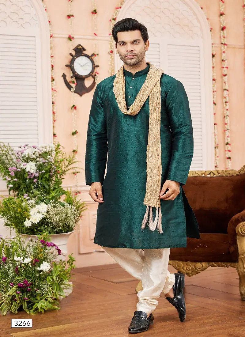 Green And Gold Colour 1644 Function Wear Art Silk Mens Kurta Pajama With Dupatta Orders In India 3266