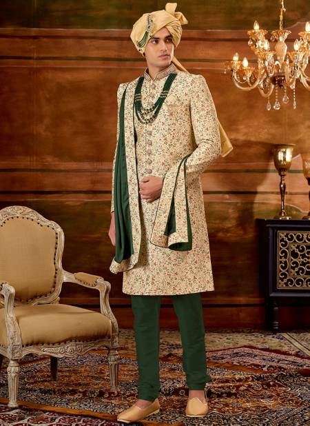Green And Gold Colour Designer Exclusive Wear Wholesale Sherwani Catalog 1035
