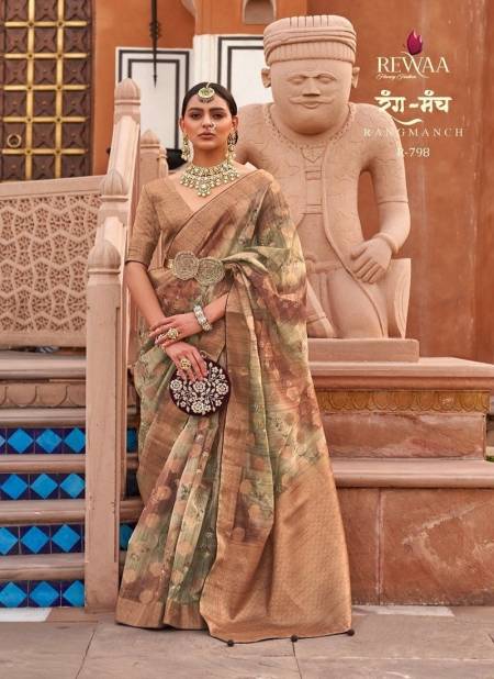 Green And Golden Colour Rangmach By Rewaa Printed Saree Catalog 798