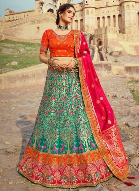 Green And Orange Colour Aadhya Designer Wholesale Bridal Lehenga Choli 1201