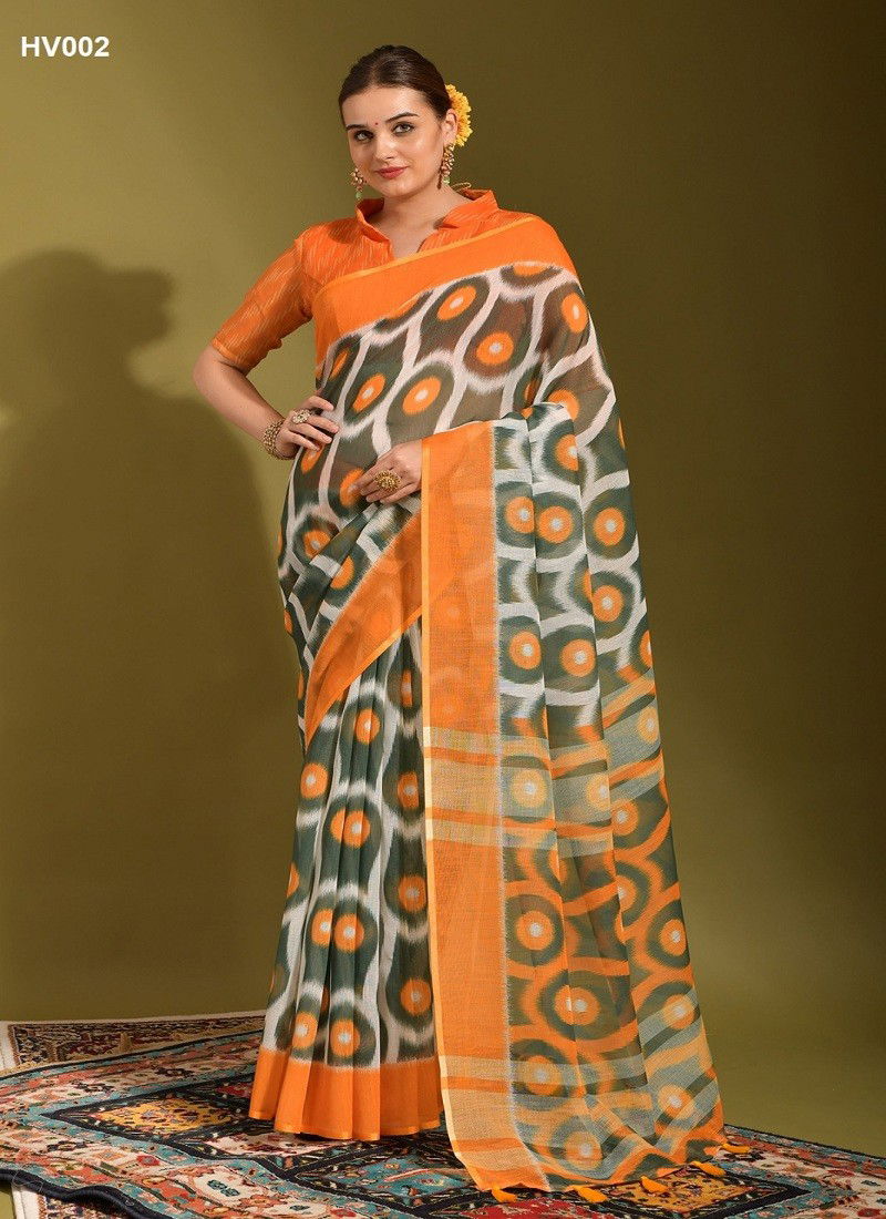 Green And Orange Colour Linen Jumka Vol 2 By Fashion Berry Printed Sarees Exporters In India HV002