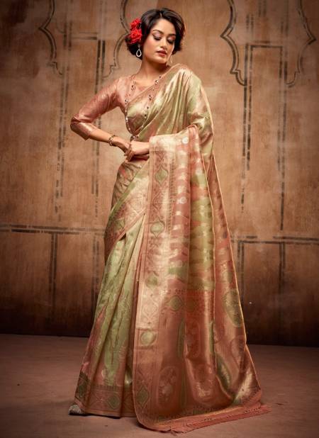 Green And Peach Attari Organza Fuction Wear Wholesale Silk Sarees 85006
