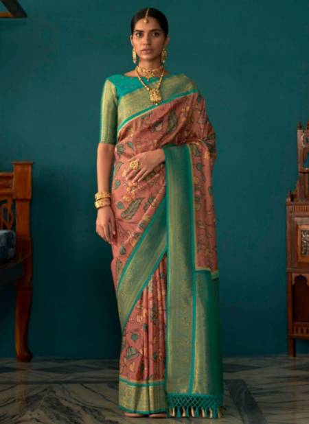 Green And Peach Colour Kalamkatha Designer Wholesale Silk Sarees Catalog 2047