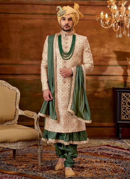 Green And Peach Colour Heavy Wedding Wear Wholesale Sherwani Catalog 1008