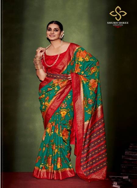 Green And Red Colour Anusharam By Shubh Shree Velvet Tussar Silk Designer Saree Catalog 1010