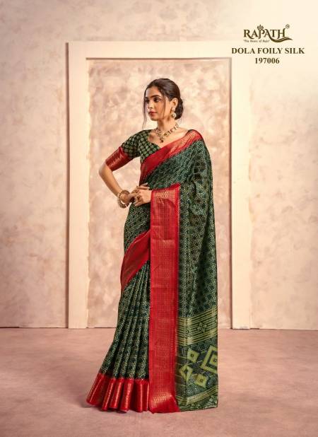 Green And Red Colour Cello Silk By Rajpath Occasion Printed Soft Dola Foil Silk Saree Exporters In India 197006