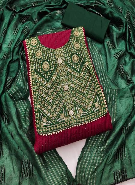 Green And Red Colour Cross Head Banarasi Gala Cotton Dress Material Catalog 6