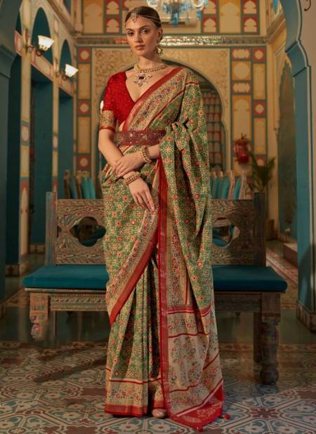 Green And Red Colour Katha Printed Function Wear Wholesale Silk Sarees 550 B
