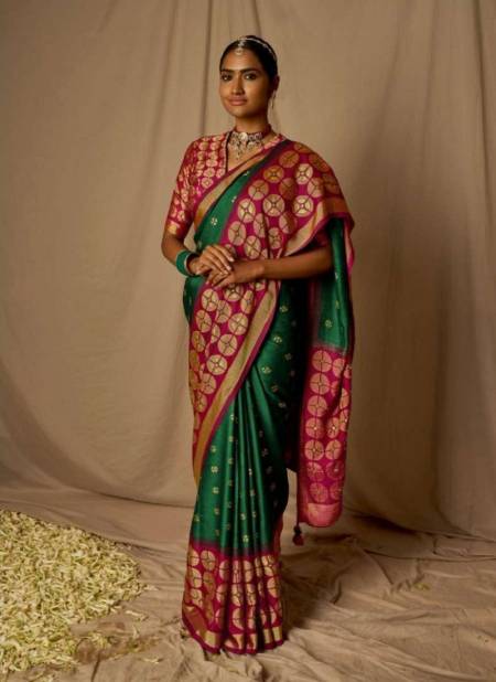 Green And Red Colour Meera Soft Silk By Kimora Soft Brasso Silk Designer Saree Catalog P 16070
