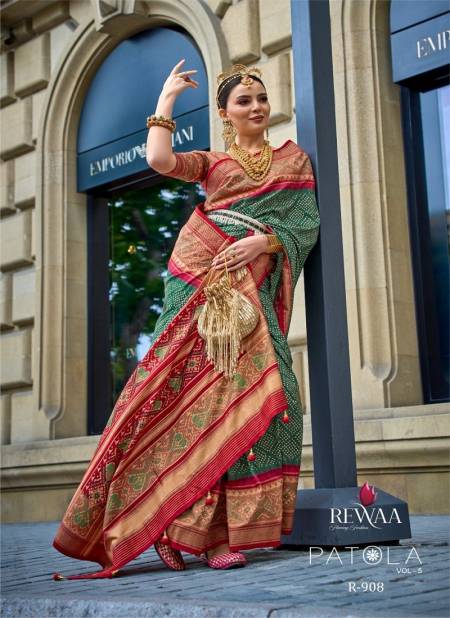 Green And Red Colour Patola Vol 5 By Rewaa Printed Silk Wedding Saree Exporters in India R-908