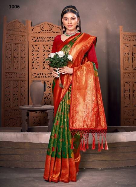 Green And Red Colour Rajhans By Sangam Silk Saree Catalog 1006