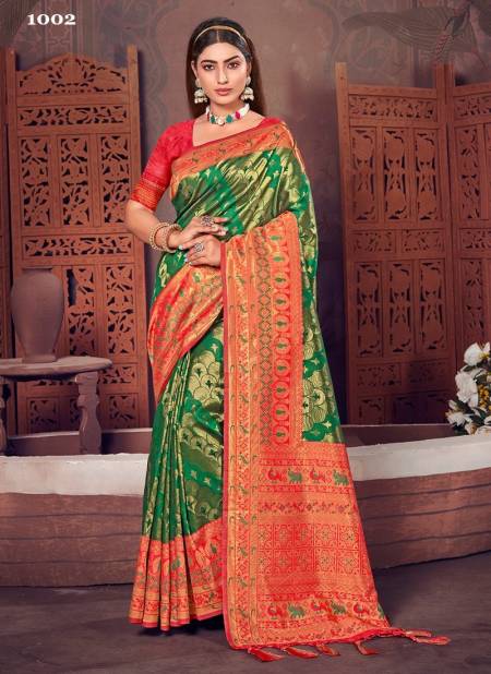 Green And Red Colour Rajshree By Sangam Silk Saree Catalog 1002