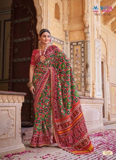 Green And Red Colour Shringar Silk By Vipul Patola Silk Embroidery Lace Work Designer Saree Catalog 74407