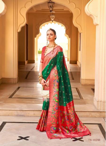 Green And Red Colour Swastik By Trirath Function Wear Designer Paithini Super P V Silk Saree Manufacturers 10248