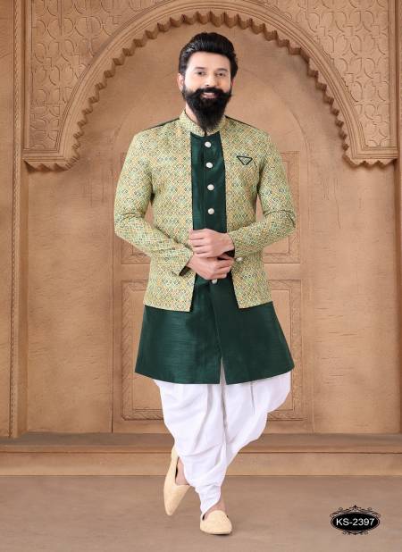 Green And White Colour 1632 Wedding Mens Wear Silk Indo Western Suppliers In India 1632-KS 2397