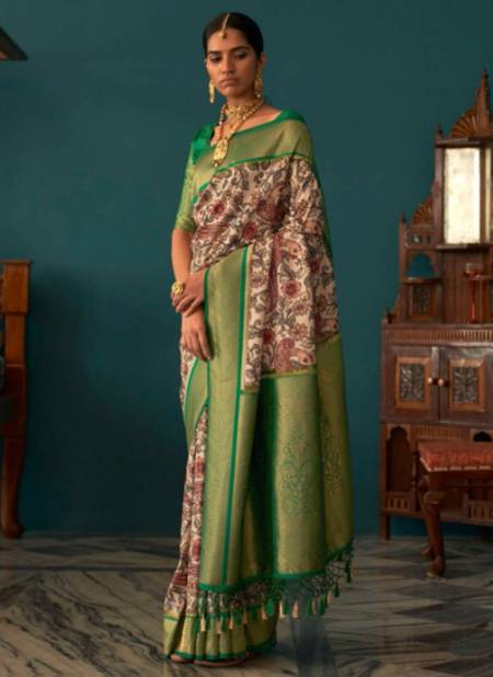 Green And White Colour Kalamkatha Designer Wholesale Silk Sarees Catalog 2050