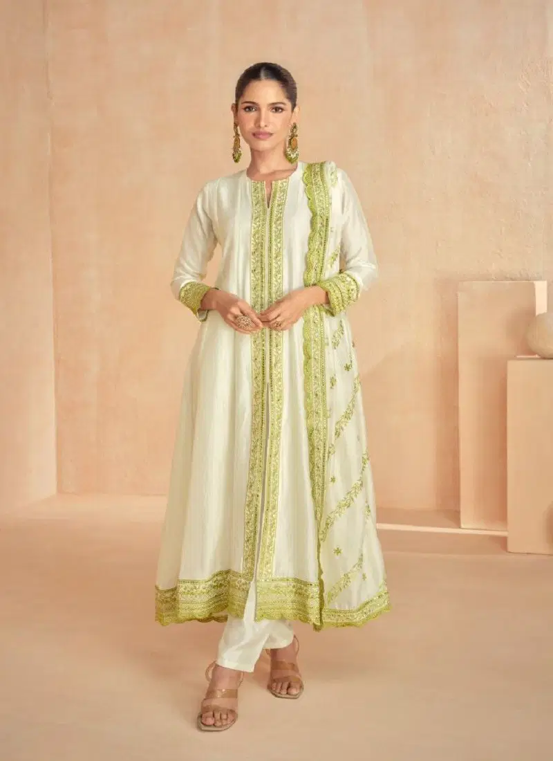 Green And White Colour Rubal By Aashirwad Designer Silk Readymade Suits Orders In India 10125