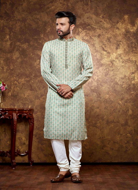 Green And White Multi Colour 1631 Function Mens Wear Poly Cotton Digital Printed Kurta Pajama Exporters In India 1631-10