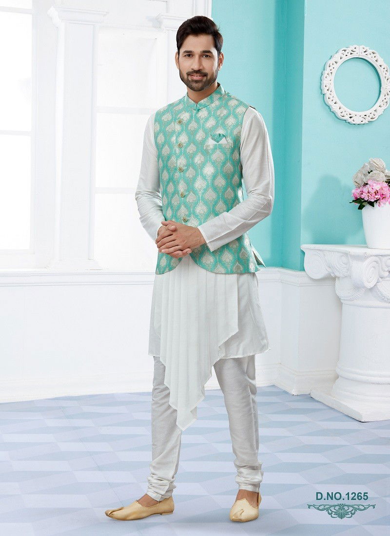 Green And White Vol 15 Party Wear Mens Modi Jacket Kurta Pajama Online Wholesale 1265