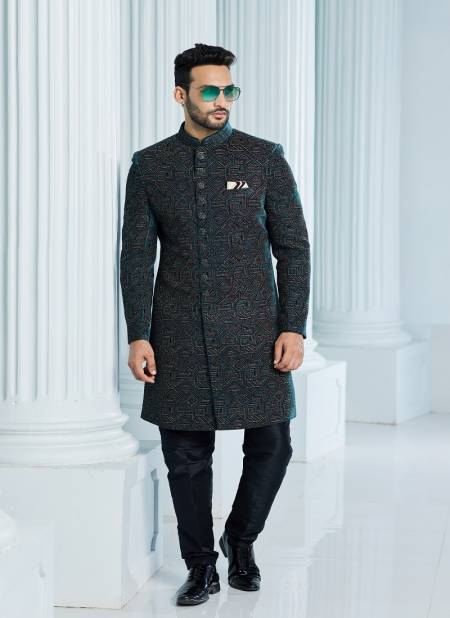 Green Black Colour Function wear Mens Jacket Set Indo Western Catalog 2670