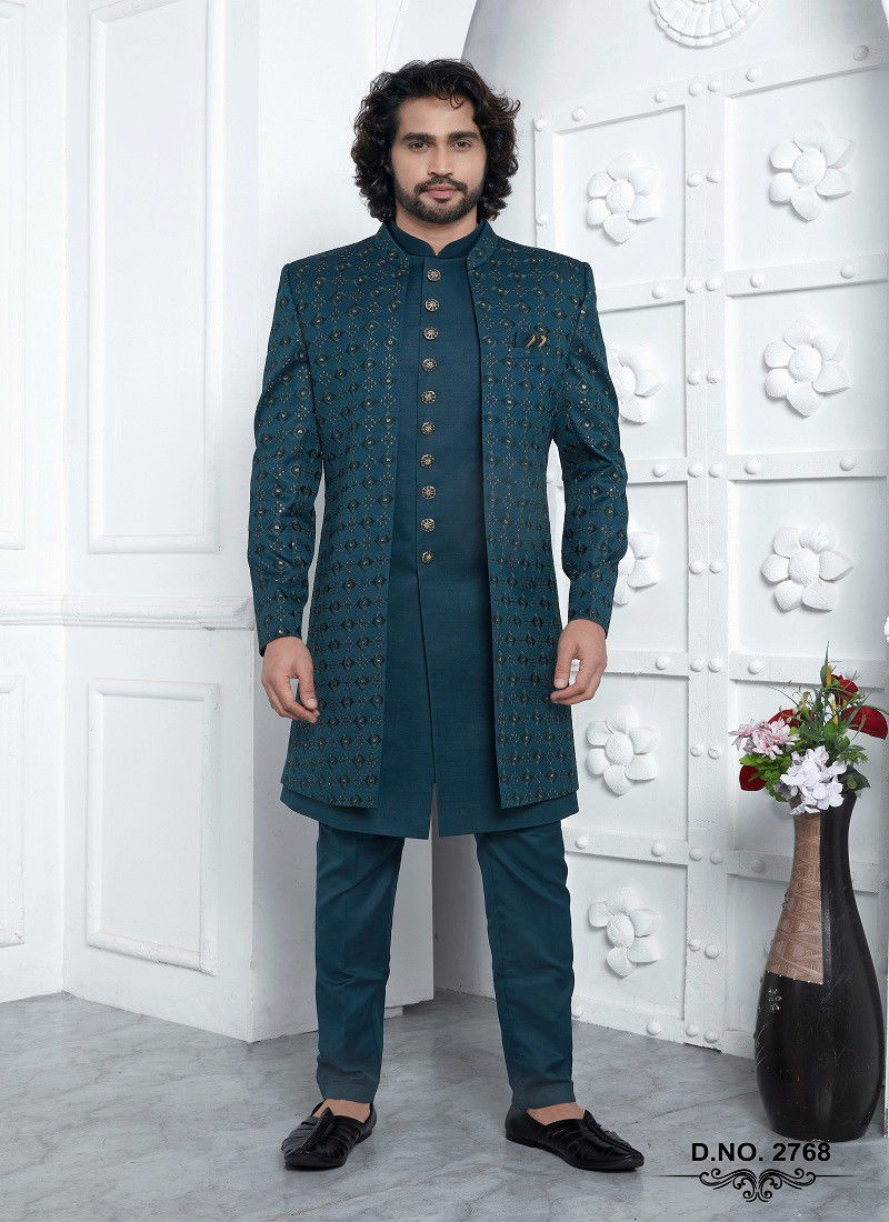 Green Colour 1641 Party Wear Indo Western Mens Jacket Set Exporters In India 2768