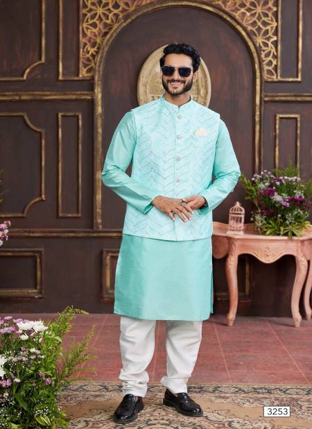 Green Colour 1643 Party Wear Art Banarasi Silk Mens Modi Jacket Kurta Pajama Wholesale Online 3253