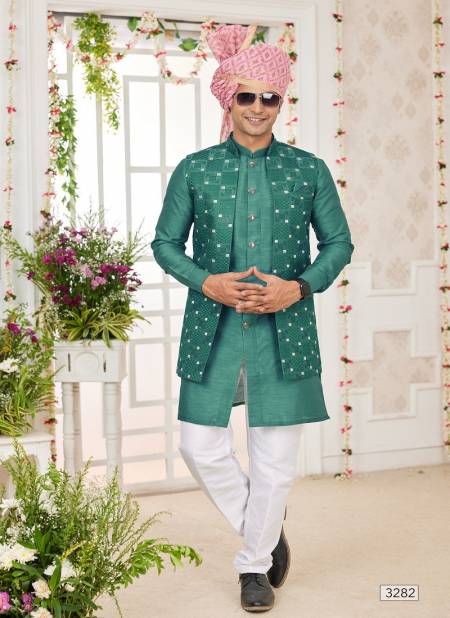 Green Colour 1645 Wedding Wear Art Silk Mens Modi Jacket Kurta Pajama Exporters In India 3282