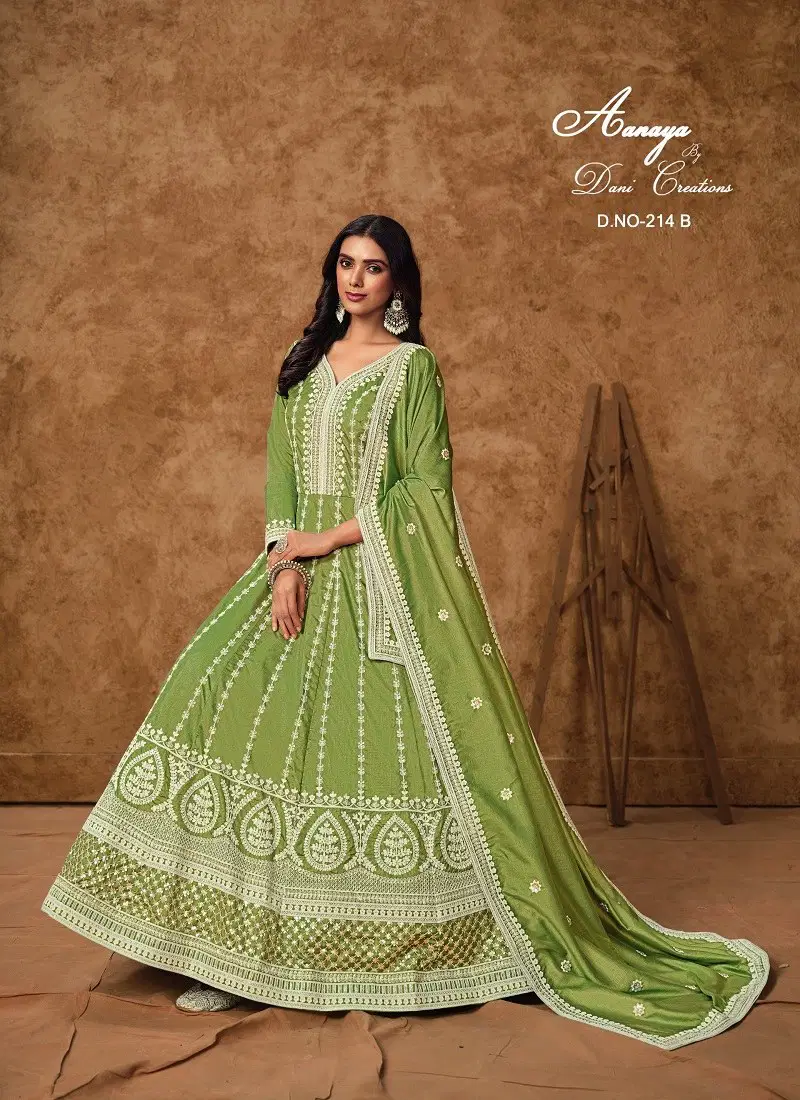 Green Colour Aanaya Vol 214 By Dani Dola Silk Designer Gown With Dupatta Wholesale Online 214 A