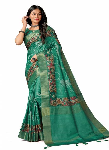 Green Colour Amuska Silk Printed Designer Saree Catalog 7503