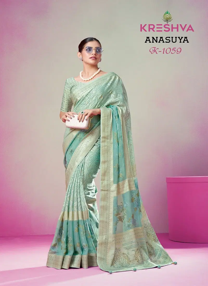 Green Colour Anasuya By Kreshva Lux PV Georgette Printed Saree Orders In India K-1059