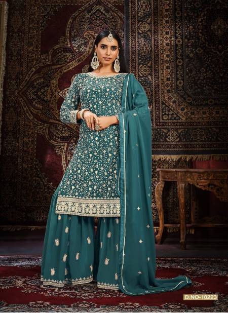 Green Colour Anjubaa Vol 22 By Anjubaa Faux Georgette Wedding Wear Sharara Suit Dress Material Catalog 10223