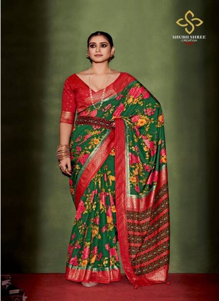 Green Colour Anusharam By Shubh Shree Velvet Tussar Silk Designer Saree Catalog 1001