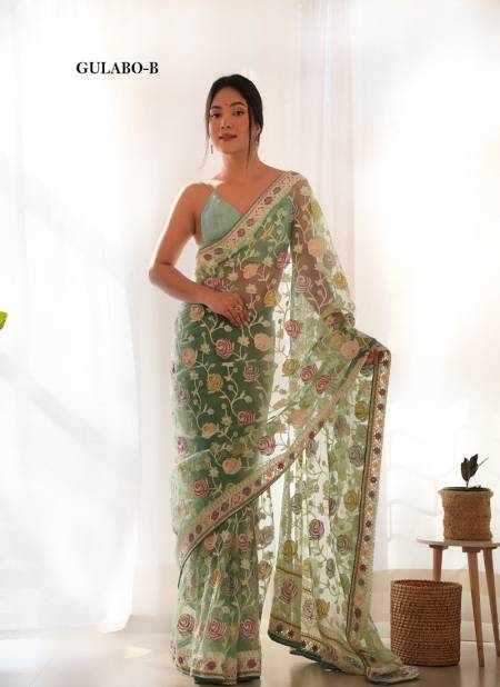 Green Colour BT Gulabo Heavy Embroidery Butterfly Net Designer Party Wear Saree Wholesale Suppliers In Mumbai Gulabo-B