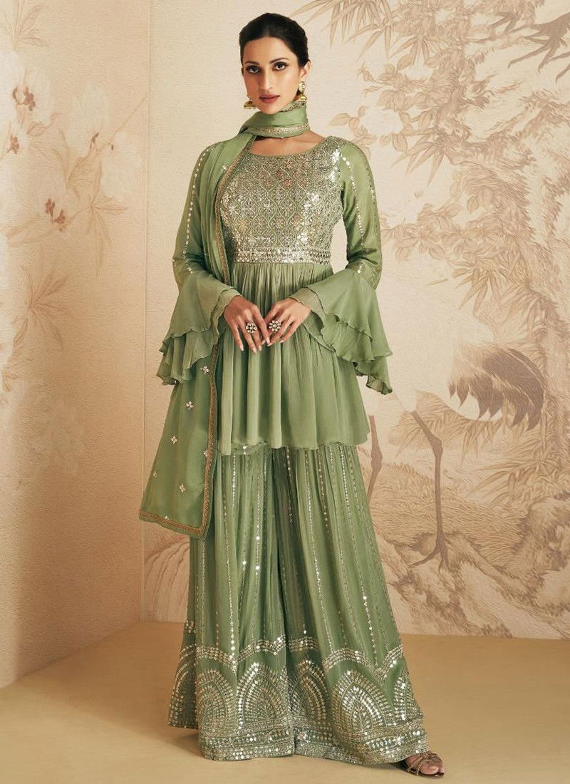 Green Colour Elan Aashirwad Wedding Wear Wholesale Sharara Suits Catalog 9411