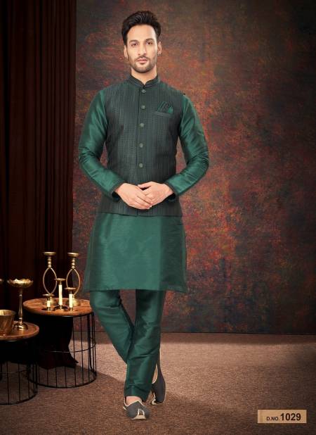 Green Colour GS Fashion Party Wear Jacquard Mens Modi Jacket Kurta Pajama Wholesale Shop In Surat 1029
