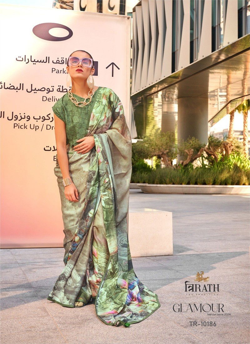 Green Colour Glamour By Trirath Swiss Satin Digital Printed Saree Wholesalers In Delhi 10186