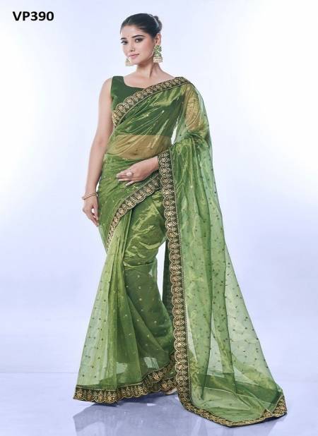 Green Colour Golden Thar By Fashion Berry Net Saree Embroiderdy Exporters In India VP390