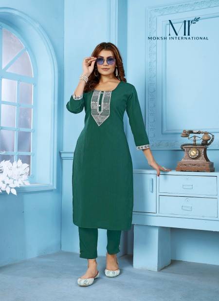 Green Colour Goldy Vol 2 By Moksh Cotton With Embroidery Work Kurti And Bottom Catalog 6522