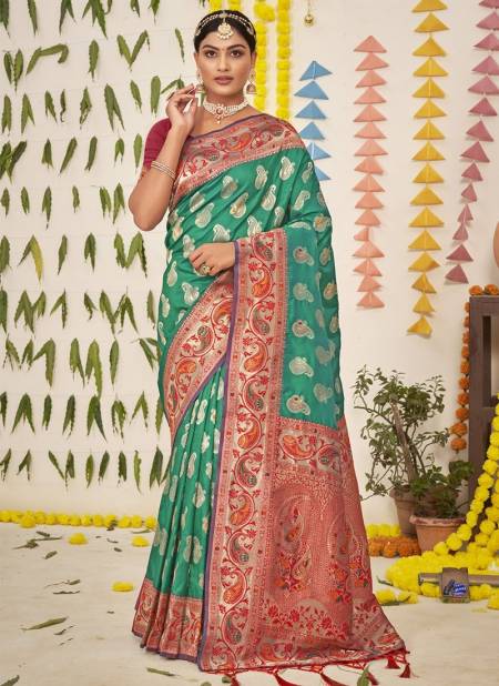 Green Colour Gunjeshwari Silk Sangam Wedding Wear Wholesale Silk Sarees Catalog 3476