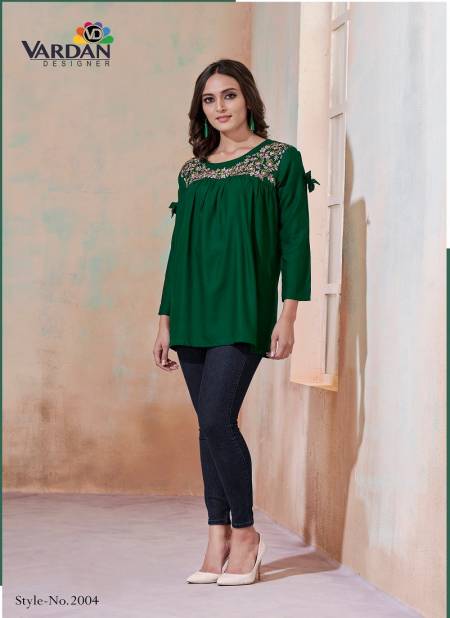 Green Colour Ira Vol 1 By Vardan Rayon With Embroidery Work Ladies Top Western Catalog 2004