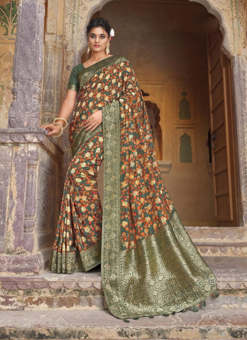 Green Colour Jabira By Joh Rivaj Silk Saree Catalog 29003