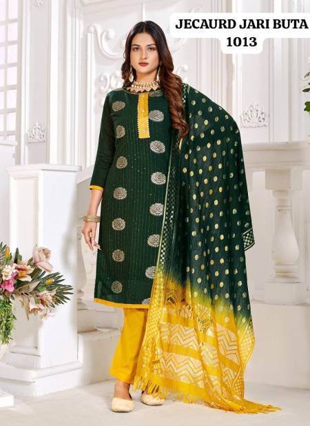 Green Colour Jacquard Jari Butta By Rahul Nx Jacquard With Tai Button Dress Material Catalog 1013