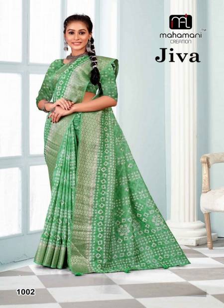 Green Colour Jiva 1001 To 1004 By Mahamani Creation Print Saree Wholesale Price In Surat 1002