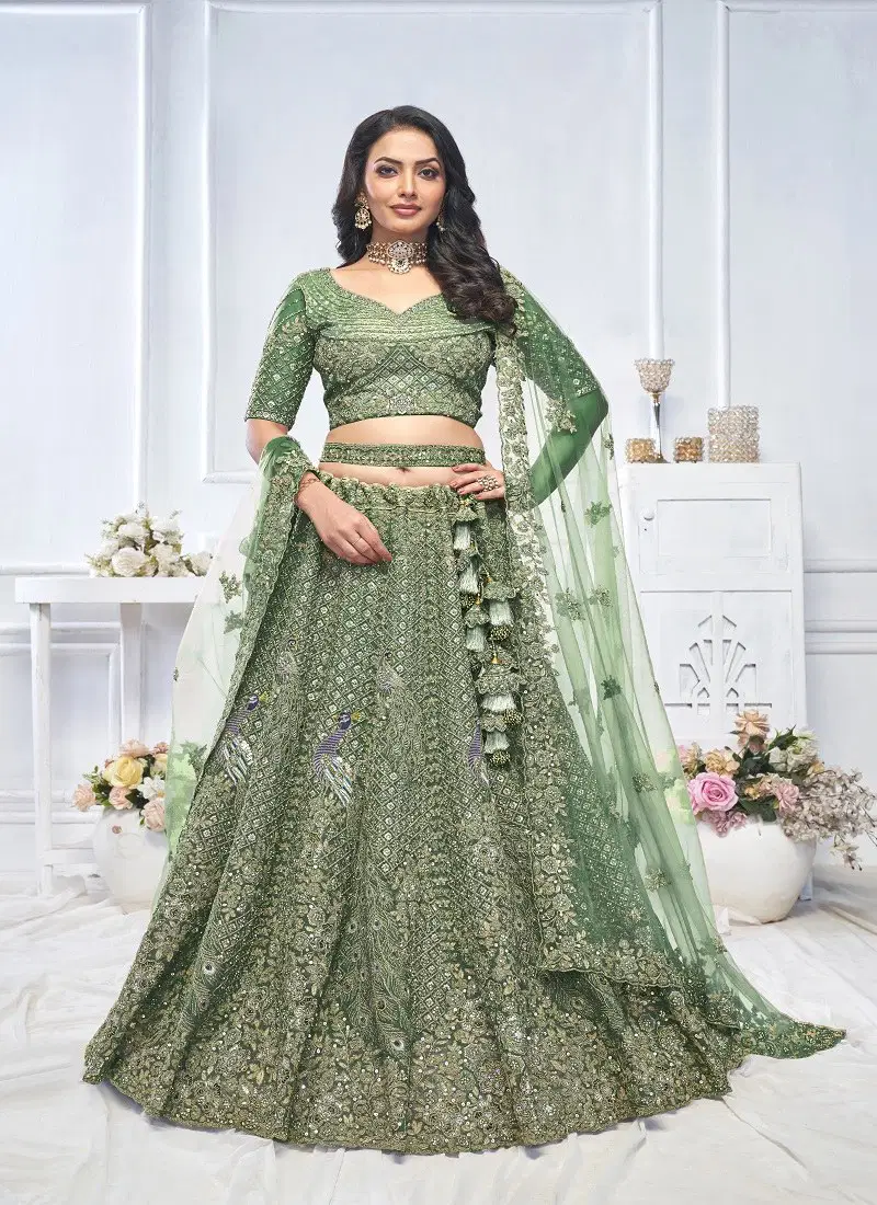 Green Colour KF 01 To KF 22 By Kesar Fab Ocassion Wear Designer Lehenga Choli Exporters In India KF 01 Green