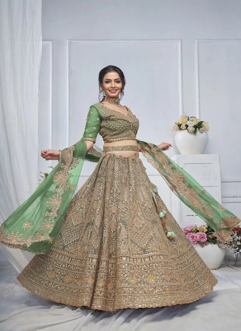 Green Colour KF 01 To KF 22 By Kesar Fab Ocassion Wear Designer Lehenga Choli Exporters In India KF 03 Green